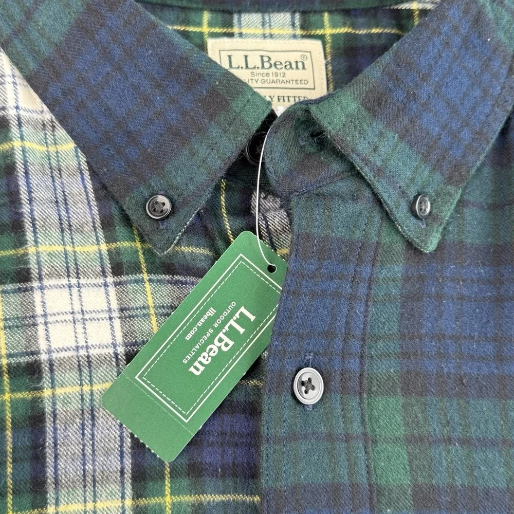 L.L.Bean Flannel Shirt Mens XXL T Green Black Watch Patchwork Plaid Cotton NWT